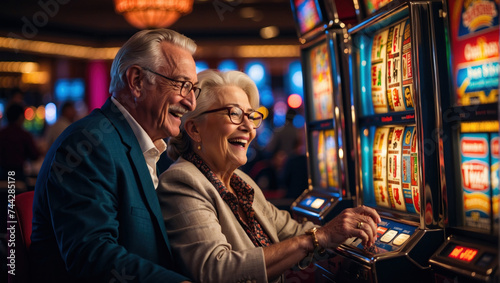 Joyful senior couple enjoying time at casino slot machines