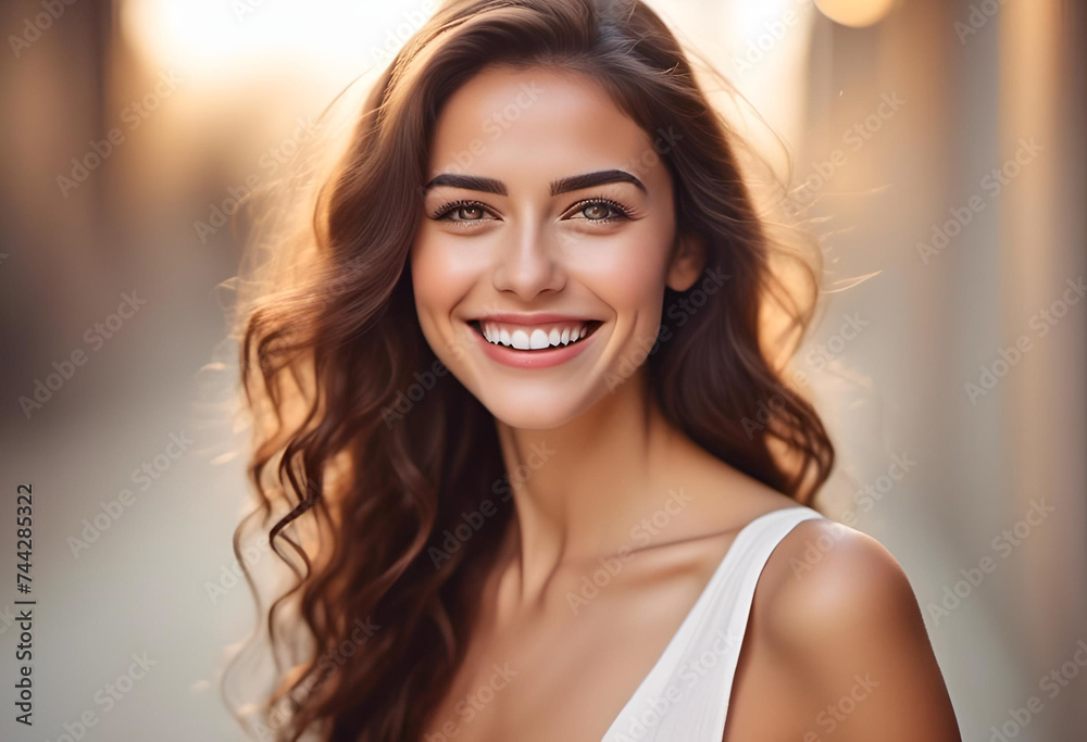 Young Beautiful Portrait Girl, Glowing Skin, White Teeth, Smiley Face, Romantic Wavy Hairstyle, AI Generative Young Beautiful Portrait Girl, Glowing Skin, White Teeth, Smiley Face, Romantic Wavy Hairstyle, AI Generative
