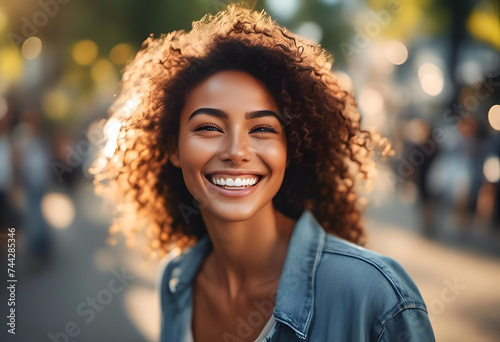 Young Beautiful Portrait Girl, Glowing Skin, White Teeth, Smiley Face, Romantic Wavy Hairstyle, AI Generative