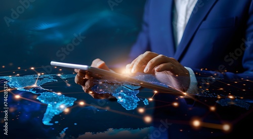 Businessman uses tablet with global infrastructure network technology development to analyze data