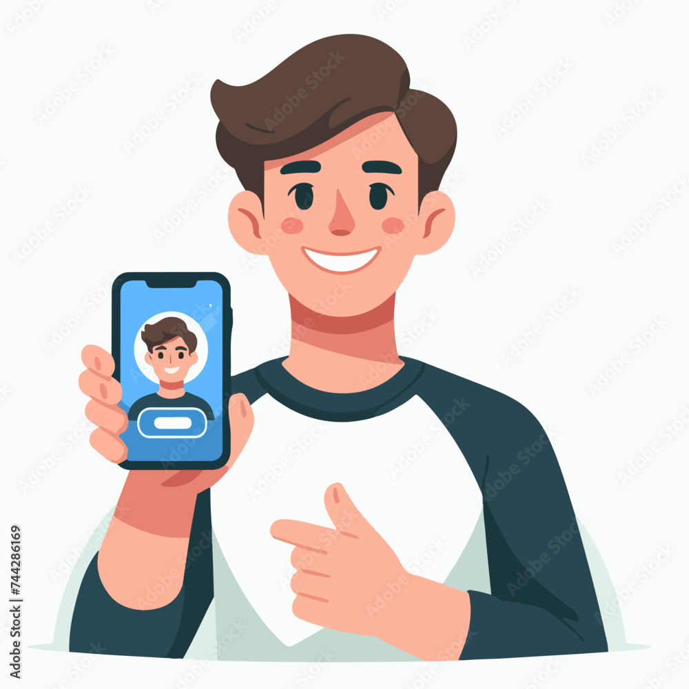 flat design illustration concept of a young man pointing a finger at an empty smartphone screen