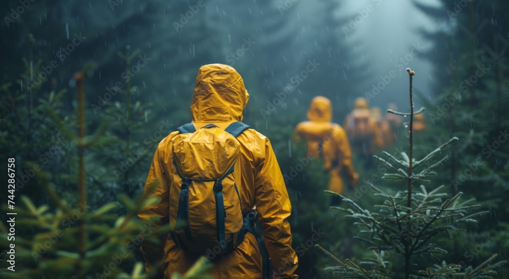 A sunny day in the forest, a group of hikers clad in bright yellow raincoats stroll through the lush greenery, surrounded by towering trees and vibrant plants