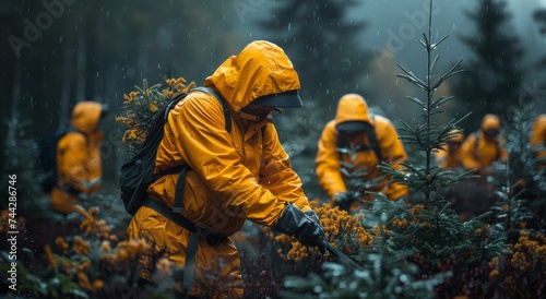 A bright group of adventurers in matching yellow raincoats trek through a foggy forest, surrounded by towering trees and lush plant life, immersing themselves in the wild wonders of nature
