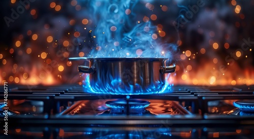 The vibrant blue flames danced and crackled beneath the pot on the stove, filling the dark night with warmth and light as smoke billowed into the air photo
