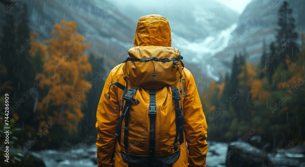 Amidst the misty mountains, a solitary figure stands bravely in their vibrant yellow jacket, ready to conquer the outdoors with their trusty backpack by their side