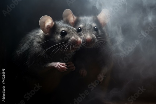 Rats in dark room fog. Animal mouse. Generate Ai