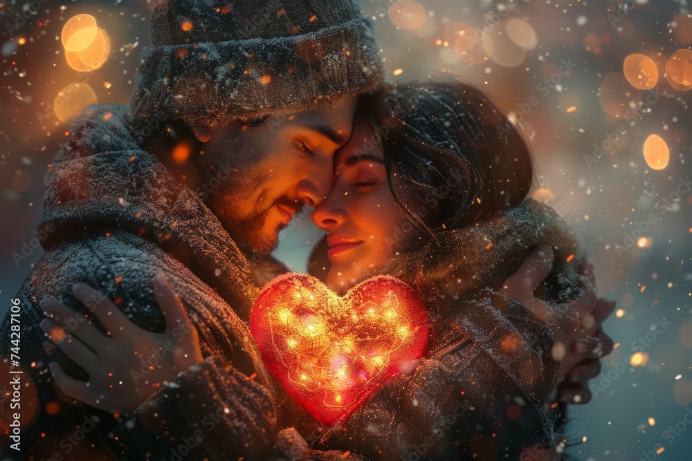 A winter embrace between a man and woman, their faces pressed together in a loving kiss, holding a heart-shaped object as a symbol of their affection A winter embrace between a man and woman, their faces pressed together in a loving kiss, holding a heart-shaped object as a symbol of their affection