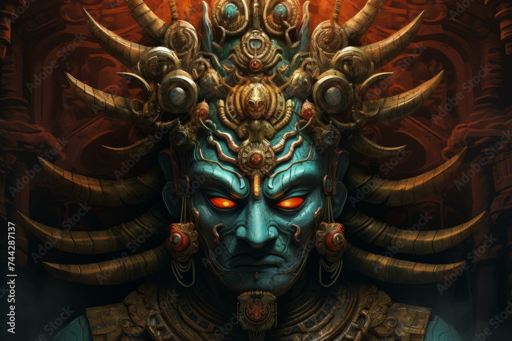 Ravana indian demon. Rugged mystical and horned creature with great strength. Generate AI