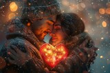 A winter embrace between a man and woman, their faces pressed together in a loving kiss, holding a heart-shaped object as a symbol of their affection