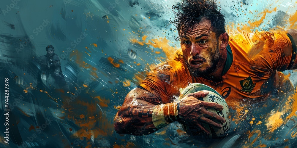 A rugged man with a determined expression holds a rugby ball, captured in a captivating painting that exudes the raw passion and skill of a true athlete - obrazy, fototapety, plakaty 