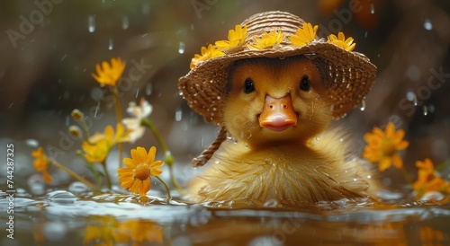 A cheerful duck donning a vibrant yellow hat adorned with delicate flowers joyfully splashes in the crystal clear water, surrounded by an array of playful toys, all while basking in the warmth of the