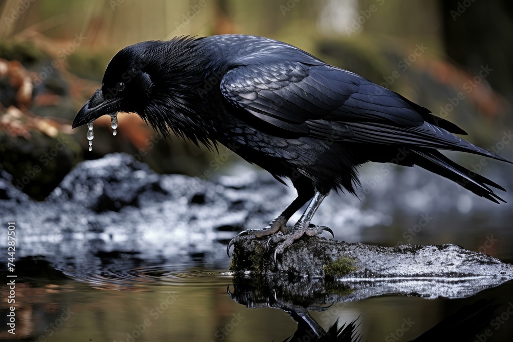 Fototapeta premium Raven bird water bath. Street bird animal. Generate Ai
