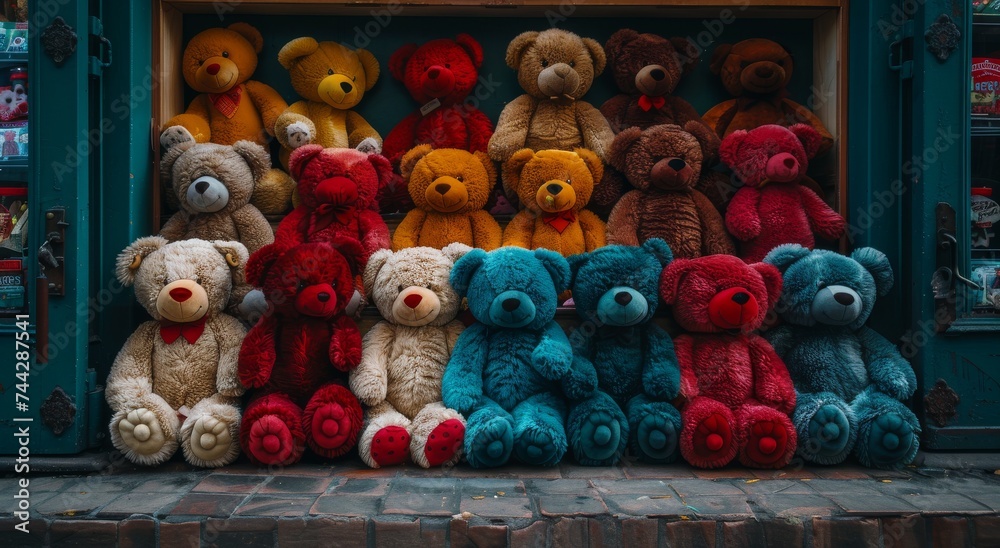 A row of cuddly teddy bears perched on a shelf in a store, waiting to be taken home as beloved plush companions