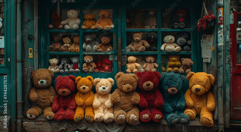 A whimsical window display of plush teddy bears sitting on a shelf in an indoor toy store, beckoning passersby to come inside and take one home