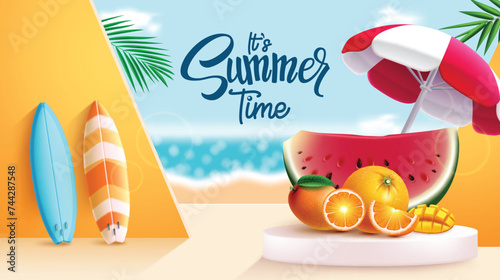 Summer time text vector design. It's summer time greeting text with watermelon, orange and surfboard elements in podium stage for product presentation design. Vector illustration summer greeting 