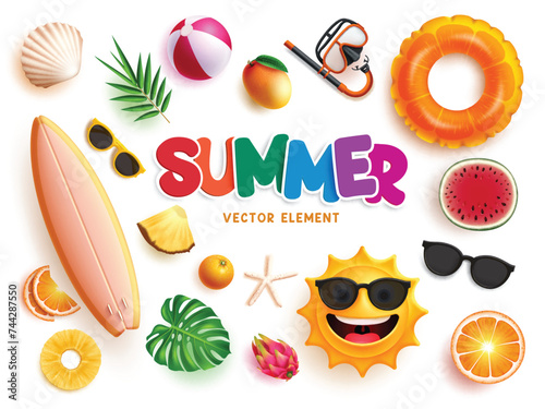 Summer elements beach vector set design. Summer elements surfboard, happy sun, sunglasses, seashells and tropical fruits isolated in white. Vector illustration summer elements collection.
