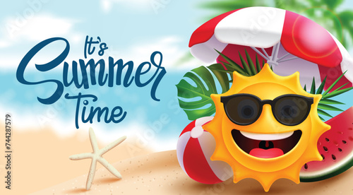 Summer time vector design. It's summer time greeting text with sun character in smiling happy face for tropical season sunny day background. Vector illustration summer greeting design. 
