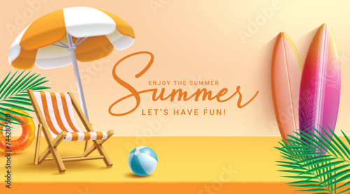 Summer greeting vector banner design. Summer greeting text in yellow space with umbrella, chair, surfboard and floaters beach elements for tropical product promotion background. Vector illustration