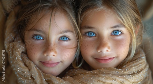A whimsical portrait of two young girls with matching blue eyes and freckles, their joyful smiles framed by perfectly groomed eyebrows and long eyelashes, wearing colorful clothing in an indoor setti