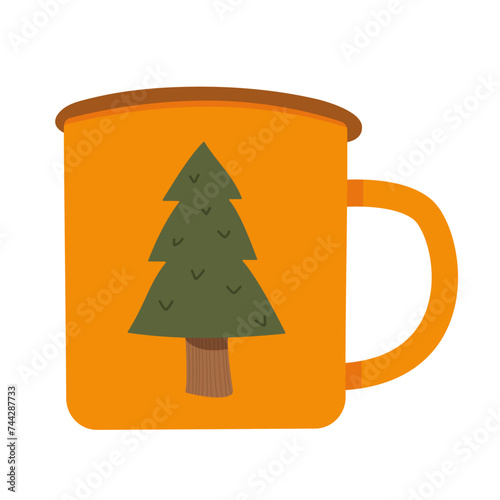 Enamel camping mug. Flat style vector illustration graphic, isolated on white background.