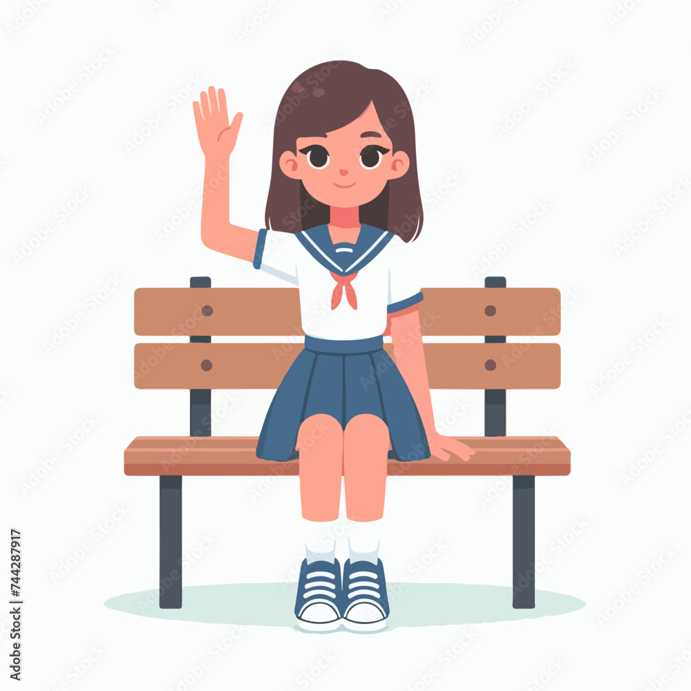 concept illustration flat design of a female student sitting on a garden chair waving hand isolated white background concept illustration flat design of a female student sitting on a garden chair waving hand isolated white background
