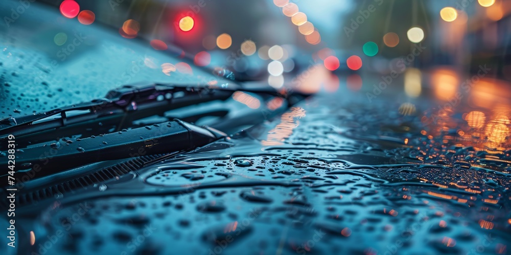 Raindrops on car with windshield wipers during a nighttime downpour, city lights blurred in background. - obrazy, fototapety, plakaty 