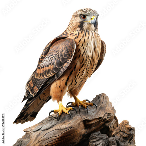 Portrait of a falcon standing on a piece of rock, isolated on transparent background