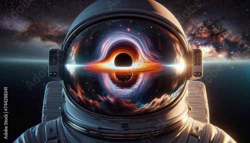 The reflection of a majestic black hole in the visor of an astronaut s helmet