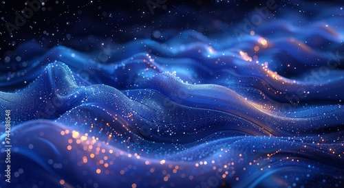 Vibrant electric blue waves dance among twinkling stars in a mesmerizing screenshot of fractal art