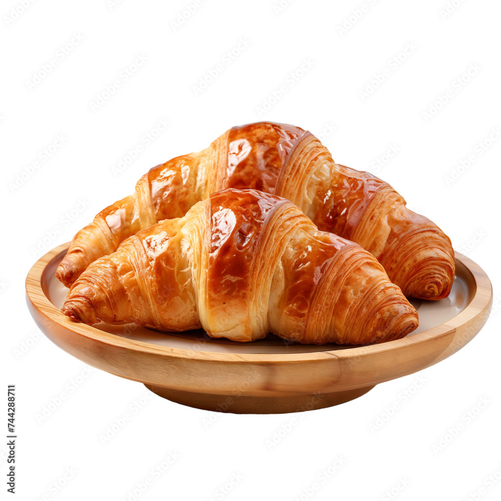 Croissant on wooden plate, transparent, isolated on white background