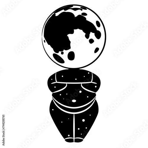 Lunar night goddess. Selene, Nyx or Hecate. Neolithic female figurine with full moon as her head. Creative mythological concept. Black and white silhouette.