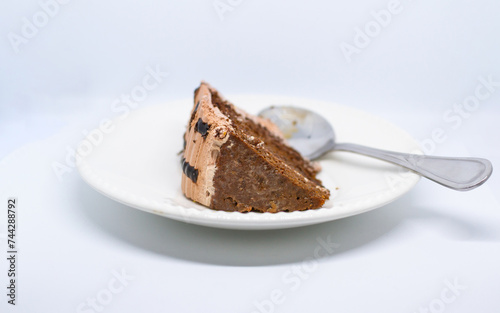 small piece of chocolate cake, delicious taste, brown color on a white background
