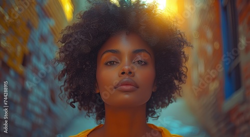 A striking portrait of a woman with a jheri curl hairpiece, her face lit up by the warm sunlight, highlighting her defined ringlets and perfectly arched eyebrows photo
