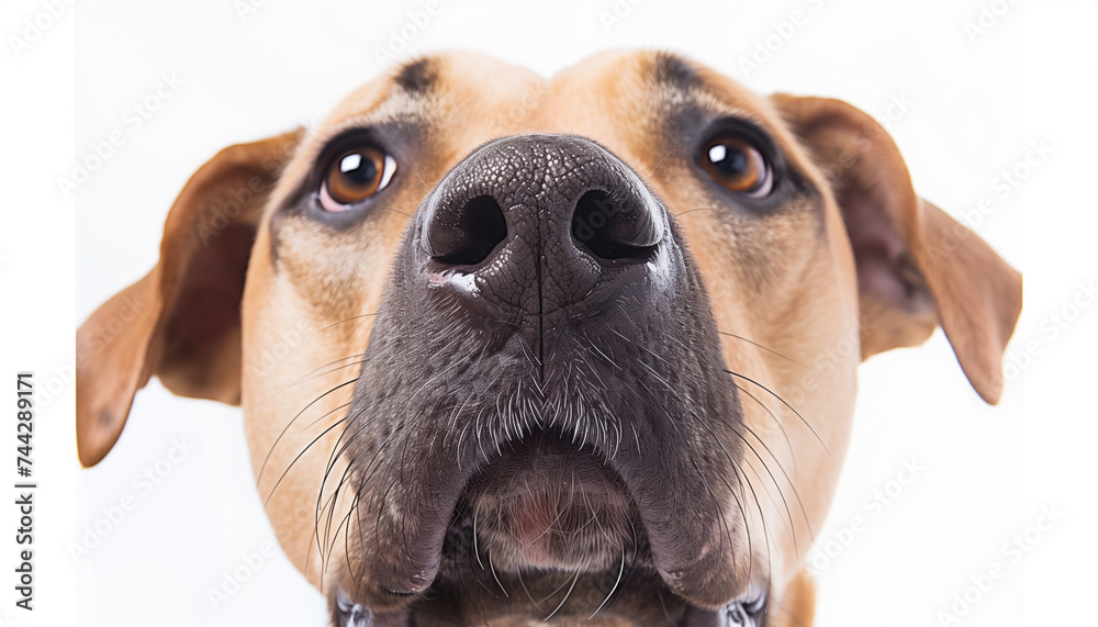 A close-up image of a dog's face with a focus on its large, sniffing nose and soulful eyes against a white background