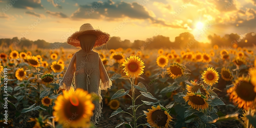 Golden hour serenity, a lone scarecrow overseeing sunflower fields, pastoral calmness - obrazy, fototapety, plakaty 