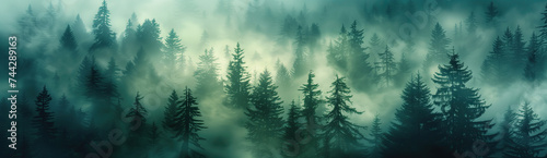 Misty landscape with fir forest © powerstock