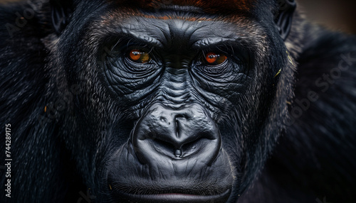 The close-up portrait of a gorilla shows its deep  intense eyes and the detailed texture of its dark fur