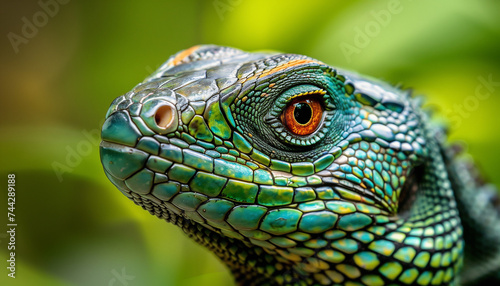 A close-up of a vibrantly colored iguana  showcasing its detailed scales and piercing orange eye against a blurred green background