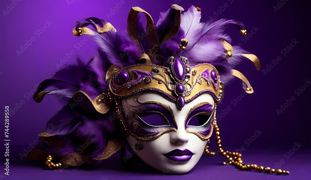 Generative AI  a carnival mask with feathers on a purple background  a carnival mask with feathers on a purple background

