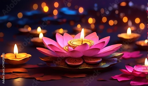 Generative AI  Purple Flower With Candle in the Center for Relaxation and Meditation  Happy Diwali festival of lights background with diya and flowers  AI Generated  