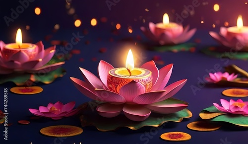 Generative AI  Diwali purple diya lamps with golden bokeh. Festive background. Happy Diwali  illustration Of Burning Diya On Happy Diwali  Diwali Celebration  Festival Of Lights With Background  