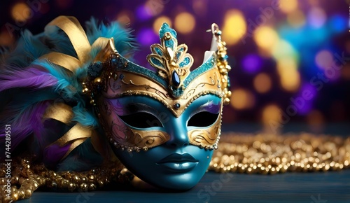 Generative AI Mardi gras mask, Carnival mask decoration with soft focus light and bokeh background Brazilian carnival masks. Rio de Janeiro carnival mask with feathers. Brazilian carnival.