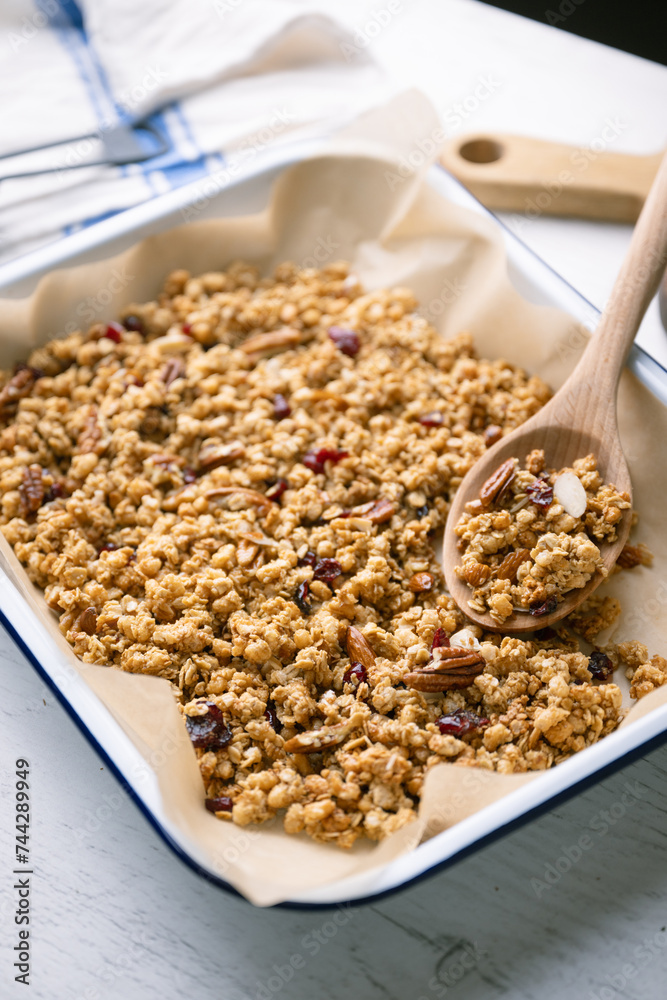 homemade granola in iron pan homemade granola in iron pan