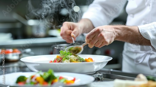 gourmet dish being prepared in a high-end restaurant kitchen