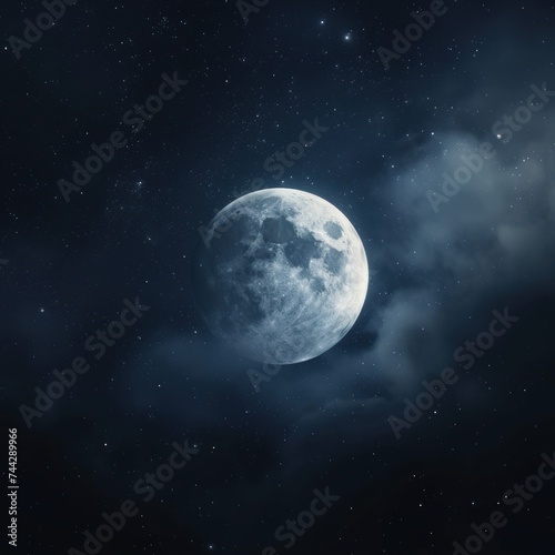 The luminous lunar object from close range is a beautiful lens capture  surrounded by dramatic dark clouds merging in the aesthetic darkness of the Milky Way galaxy. Generative Ai