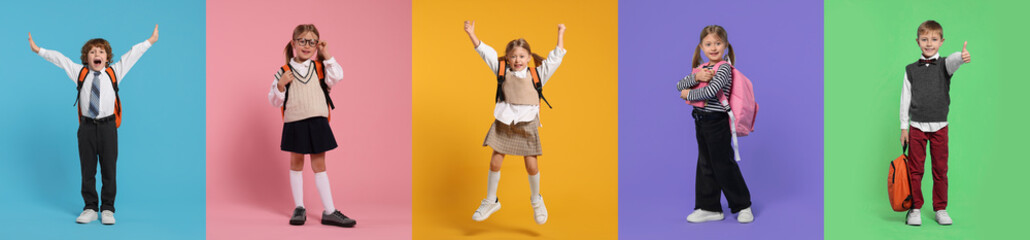 Happy schoolchildren with backpacks on color backgrounds, set of photos