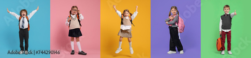 Happy schoolchildren with backpacks on color backgrounds, set of photos photo