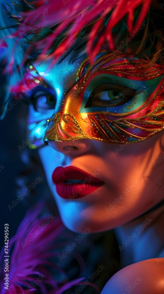 Beautiful women wearing female mask with purple feathers and colorful lights