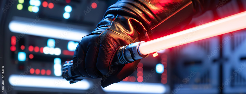 Fototapeta premium Closeup on hand holding a laser sword, fantasy sword