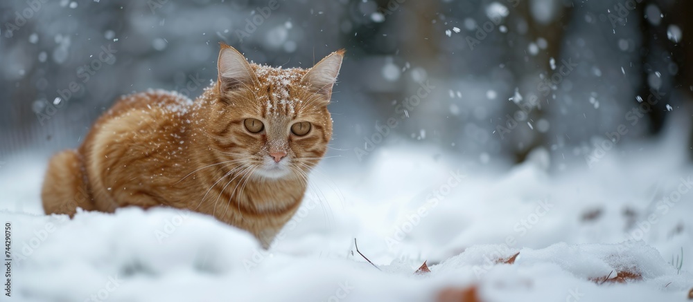 Adorable feline enjoying a serene winter day while sitting on snow-covered ground